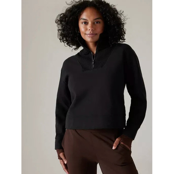 Athleta Retroplush Revive Cropped Sweatshirt Small 1/2 Zip High Neck Black - Picture 1 of 7
